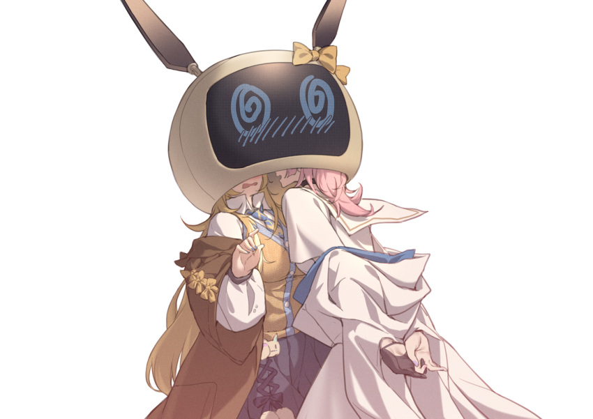 2girls, @_@, animal_helmet, black_gloves, black_skirt, blonde_hair, blue_nails, blue_necktie