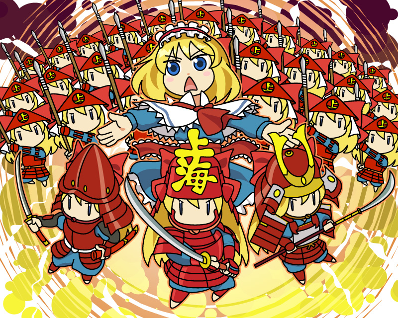 akachuu_no_gema, alice_margatroid, armor, blonde_hair, blue_eyes, doll, helmet, katana