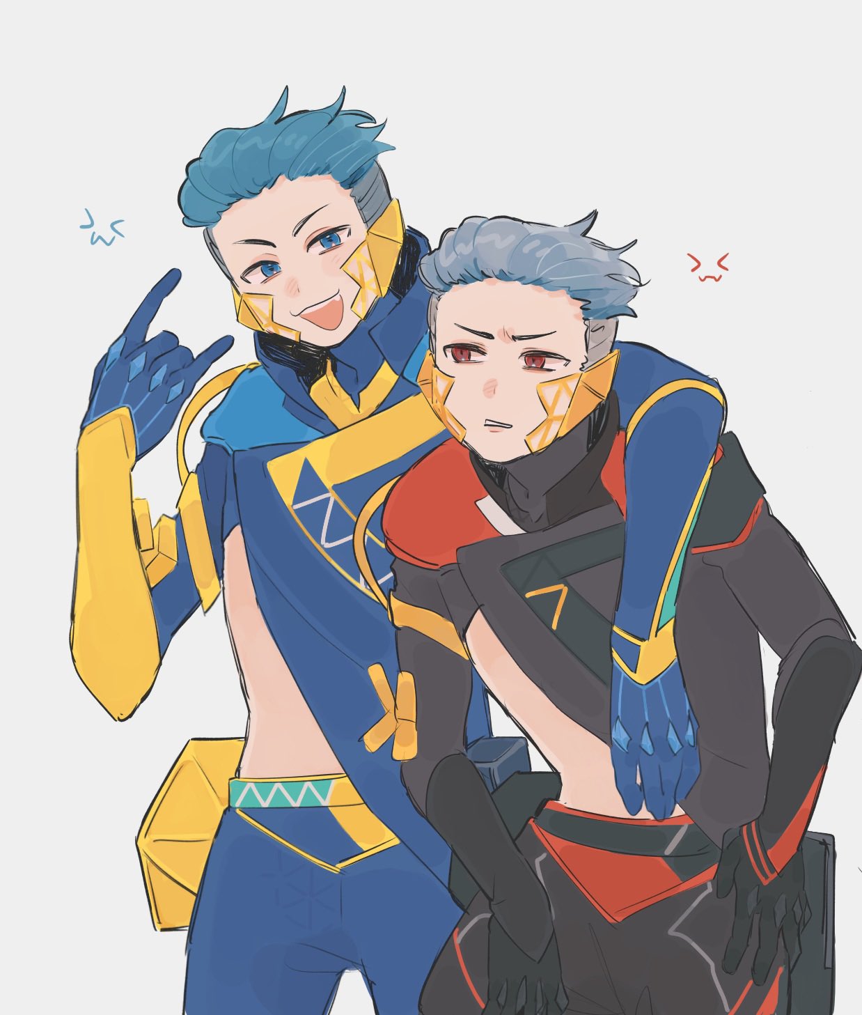 >_<, 2boys, \n/, animification, apex_legends, belt, black_belt, black_gloves
