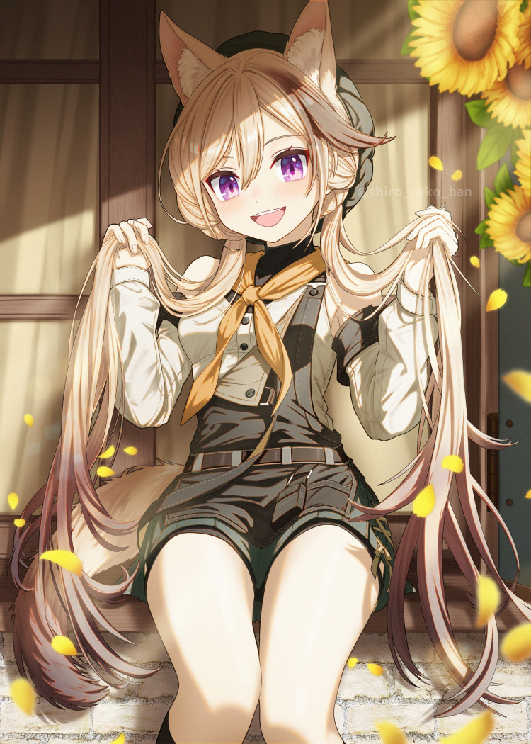 1girl, :d, animal_ears, arknights, belt, black_shorts, cardigan_(arknights), cardigan_(sunny_day)_(arknights)