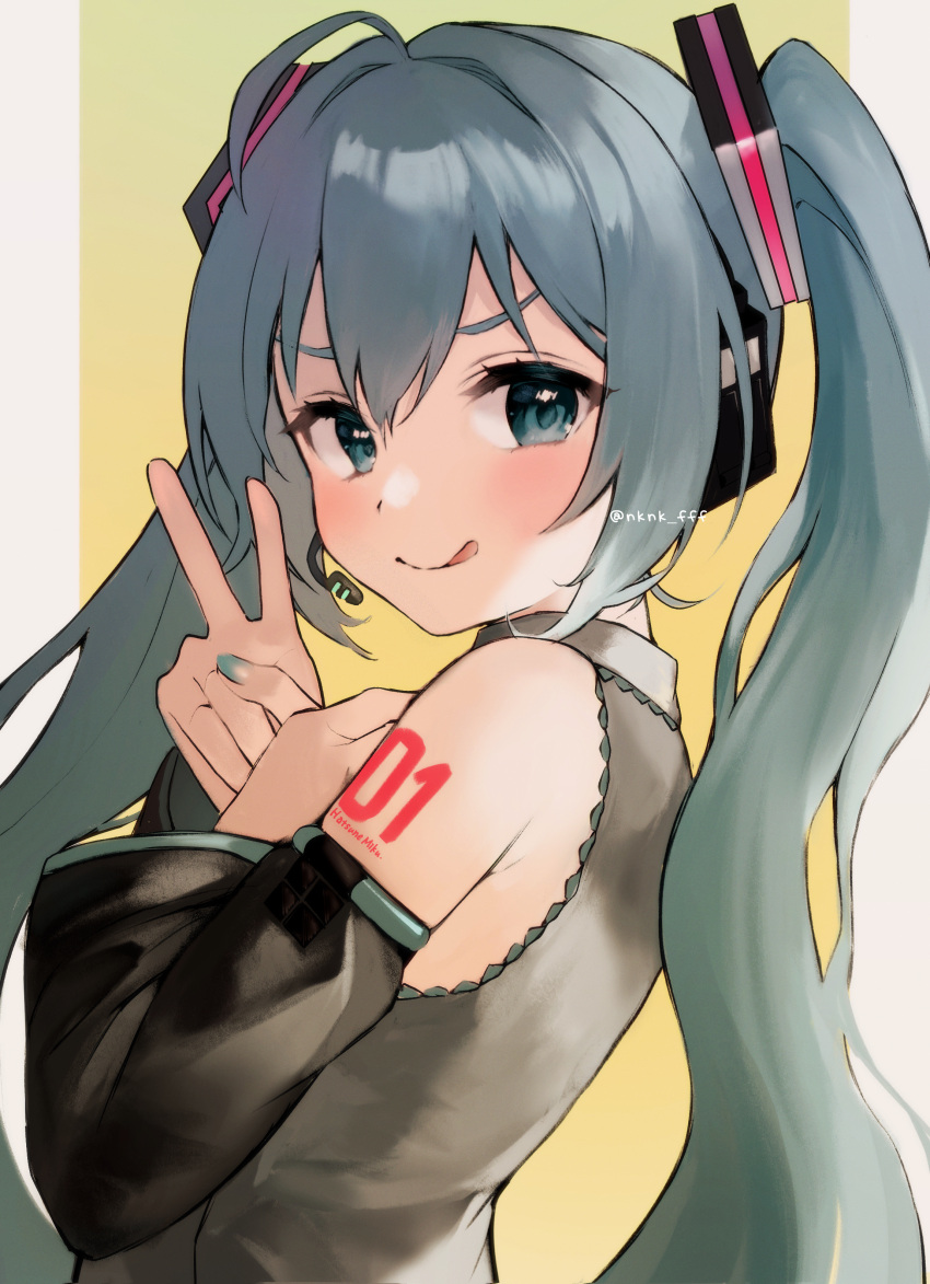 1girl, :q, absurdres, aqua_eyes, aqua_hair, aqua_nails, bad_id, bad_pixiv_id, border, character_name, closed_mouth, detached_sleeves, hatsune_miku, headset, highres, long_hair, looking_at_viewer, looking_back, number_tattoo, shirt, simple_background, sleeveless, sleeveless_shirt, smile, solo, tananuki, tattoo, tongue, tongue_out, twintails, twitter_username, upper_body, v, vocaloid, white_border, yellow_background