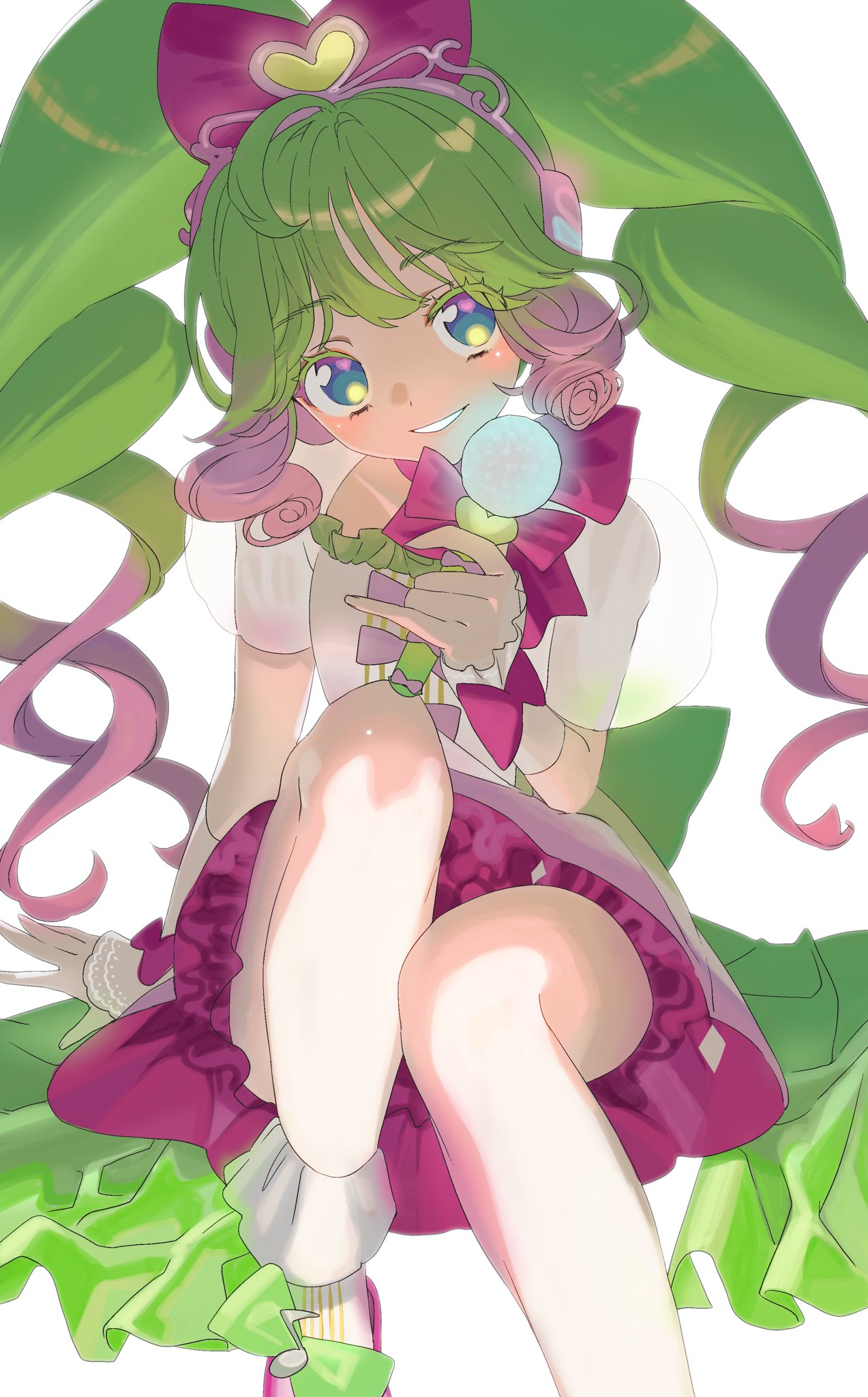1girl, blue_eyes, bow, commentary_request, dress, frilled_dress, frills, gradient_hair