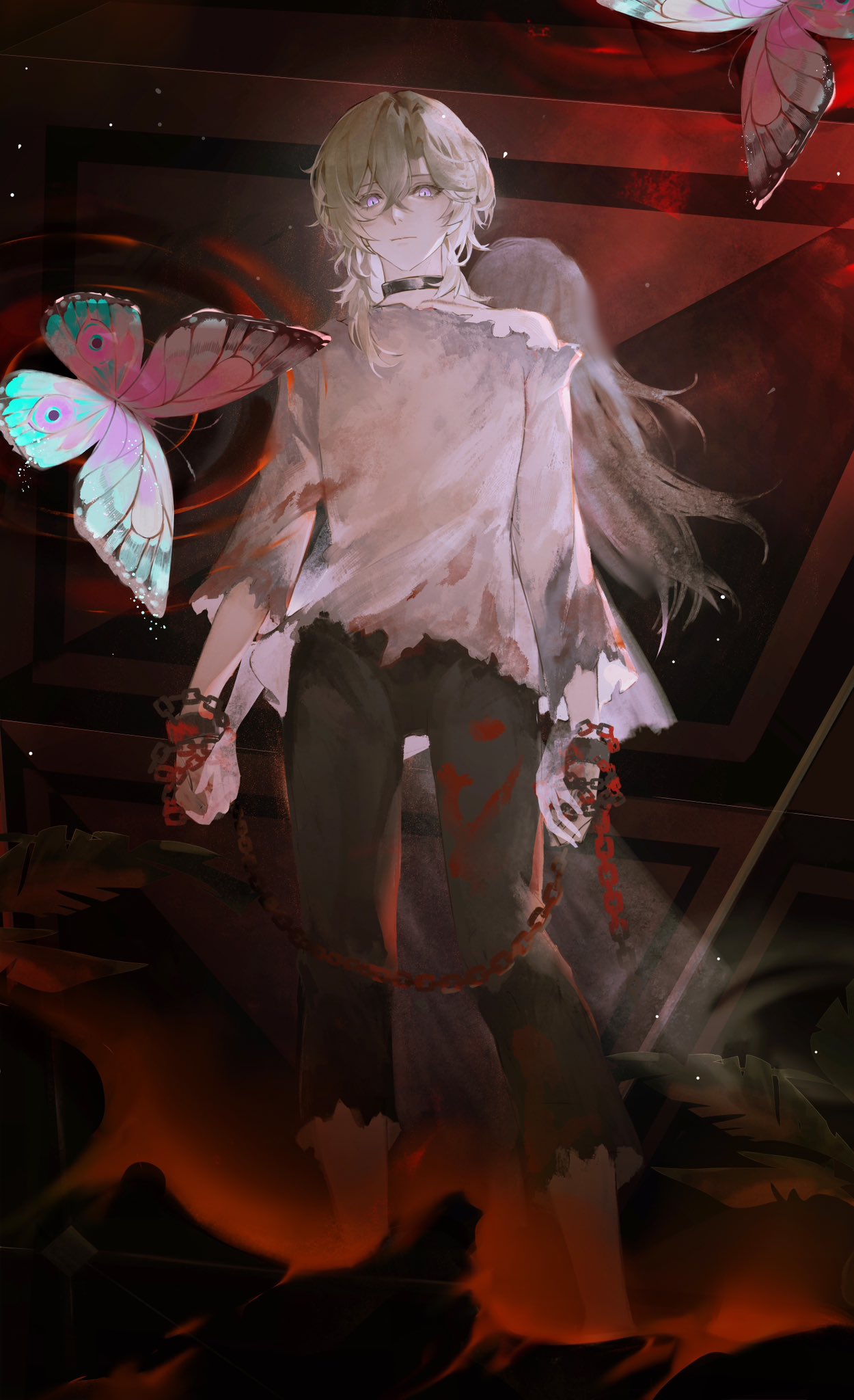 1boy, aventurine_(honkai:_star_rail), blonde_hair, blood, blood_on_clothes, bug, butterfly, chain