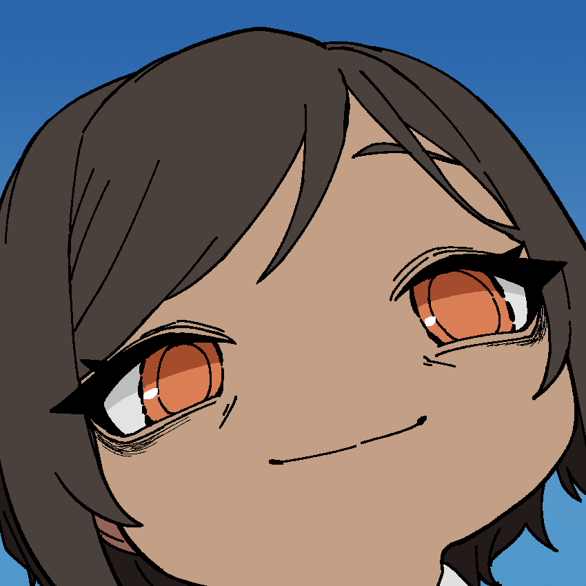 1girl, blue_background, brown_eyes, brown_hair, dark-skinned_female, dark_skin, k3nnyn3v, limbus_company