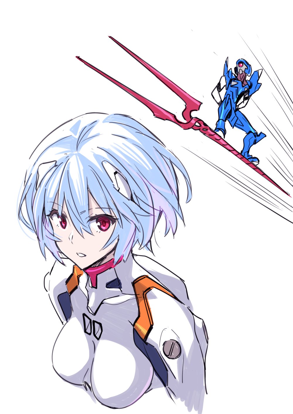 1girl, ayanami_rei, blue_hair, bodysuit, breasts, dragon_ball, dragon_ball_(classic), eva_00