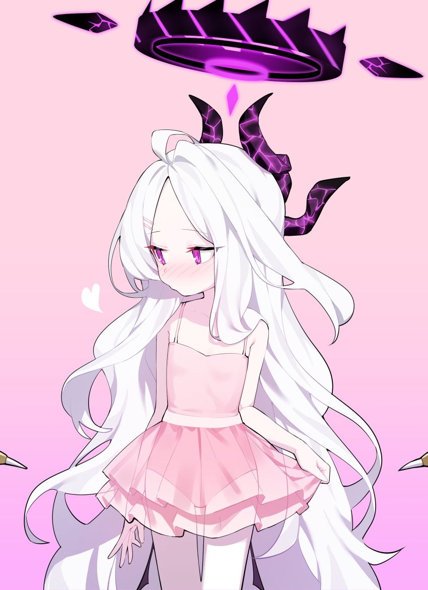 1girl, absurdres, alternate_costume, blue_archive, blush, clothes_lift, collarbone, commentary_request, demon_girl, demon_horns, demon_wings, dress, dress_lift, embarrassed, forehead, frilled_dress, frills, hair_ornament, hairclip, halo, heart, highres, hina_(blue_archive), honi_(honi1010), horns, lifted_by_self, long_hair, looking_afar, parted_bangs, pink_background, pink_dress, sidelocks, simple_background, solo, spaghetti_strap, sundress, violet_eyes, wavy_hair, white_hair, wings