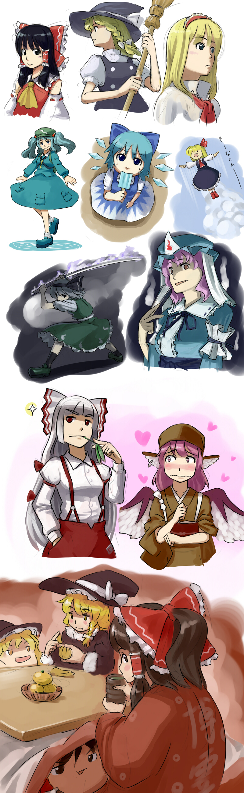 akachuu_no_gema, alice_margatroid, battle_aura, blush, cirno, fire, flame, fujiwara_no_mokou