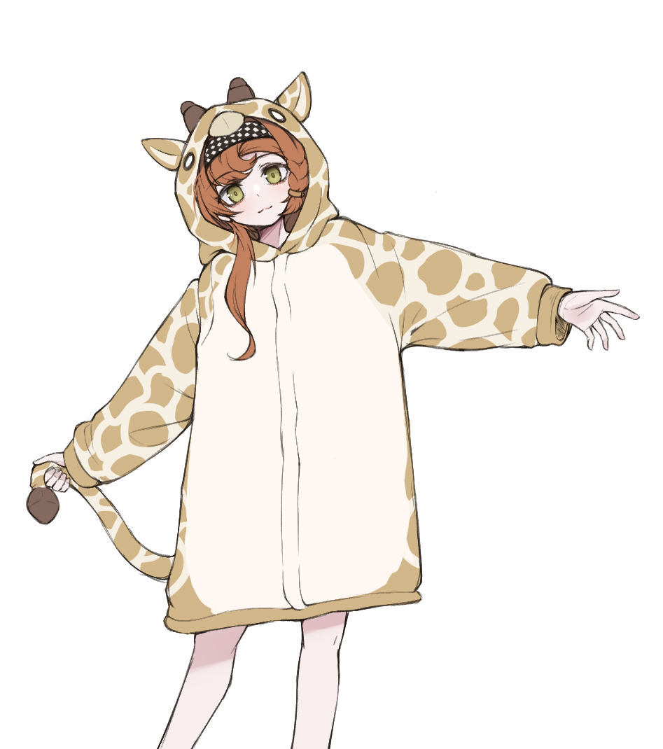 1girl, :3, animal_hood, blush, braid, checkered_hairband, fake_tail, giraffe_hood