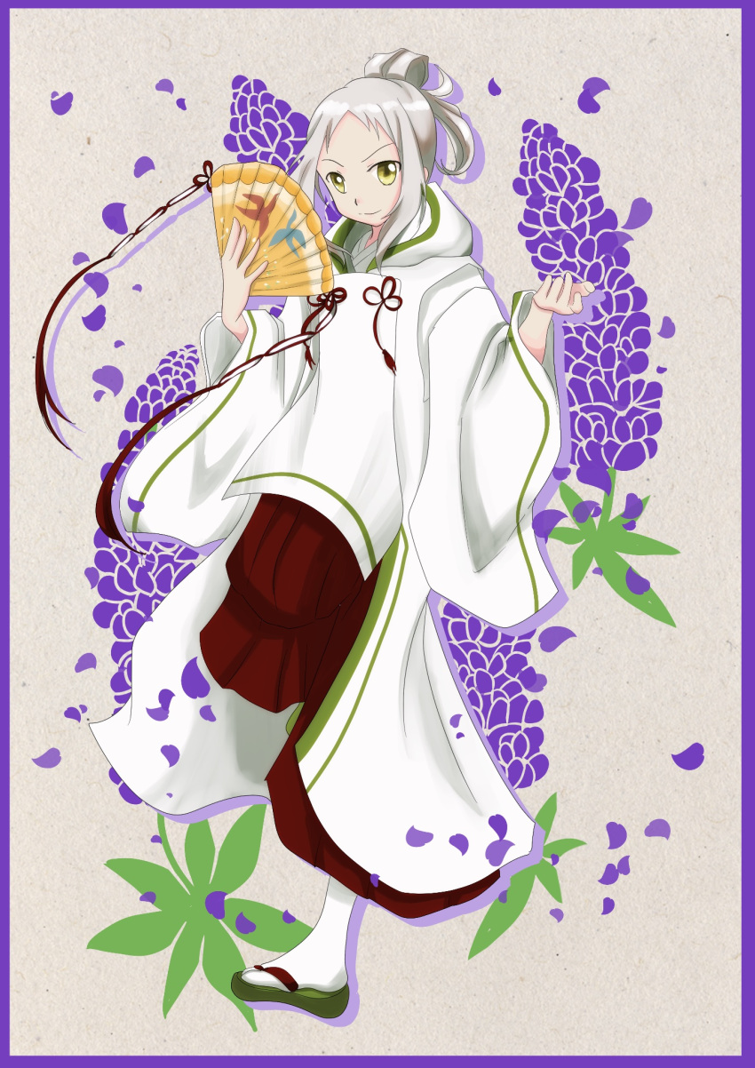 1girl, eringi_slipper, flower, folding_fan, grey_hair, hakama, hakama_skirt, hand_fan