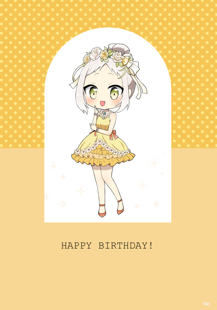 1girl, :d, absurdres, ag_(limecitrus), bare_shoulders, blush, bow, breasts, chibi, dress, flower, frilled_dress, frills, full_body, gloves, green_eyes, hair_bun, hair_flower, hair_ornament, hair_ribbon, happy_birthday, highres, jewelry, kiryuu_shizuka, looking_at_viewer, necklace, open_mouth, polka_dot, red_footwear, ribbon, rose, shoes, sidelocks, single_hair_bun, sleeveless, sleeveless_dress, smile, solo, standing, yellow_dress, yellow_eyes, yellow_flower, yuusha_de_aru