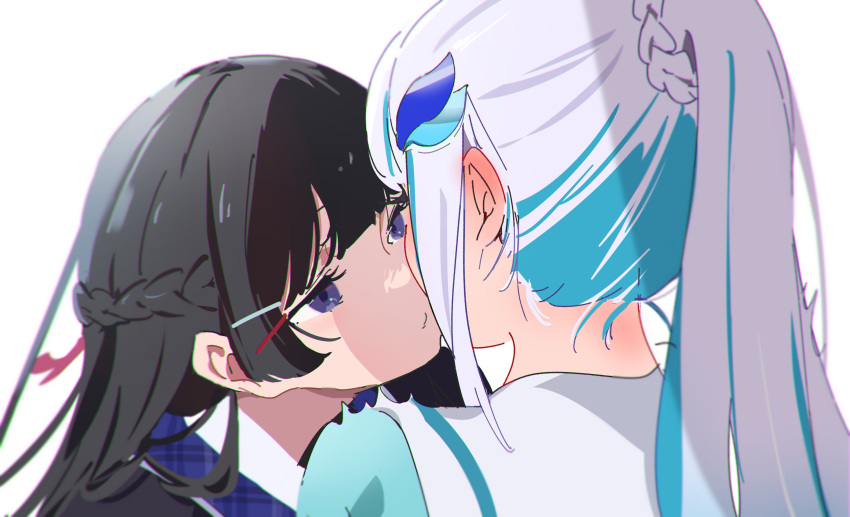 2girls, absurdres, atenaba, black_hair, black_jacket, blue_hair, blush, braid