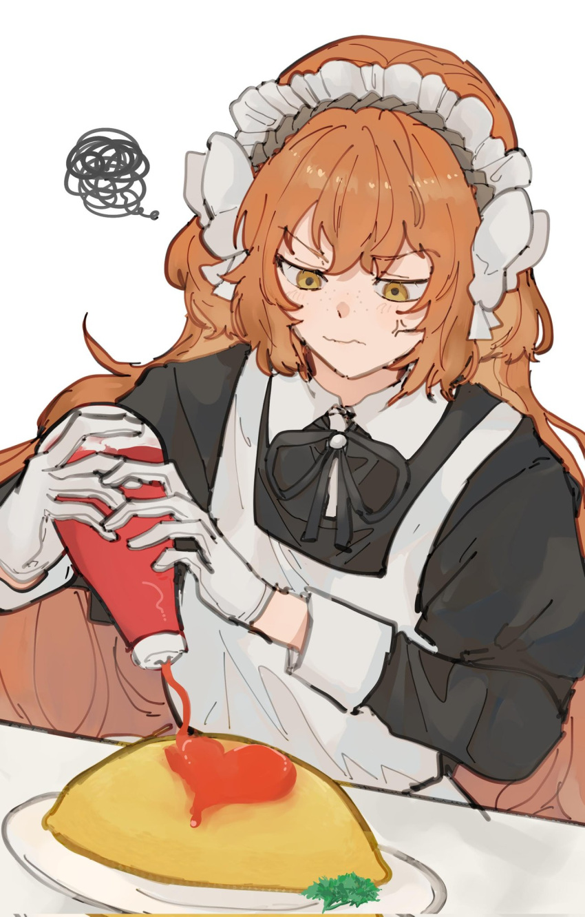 1girl, apron, black_dress, dress, food, freckles, frilled_apron, frills, garando1020, heart, highres, ishmael_(project_moon), ketchup, ketchup_bottle, limbus_company, maid, maid_apron, maid_headdress, omelet, omurice, orange_eyes, orange_hair, project_moon, solo, unconventional_maid, waist_apron, white_apron