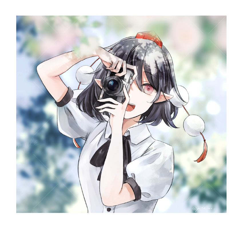 1girl, black_hair, blurry, blurry_background, camera, collared_shirt, commentary, hat
