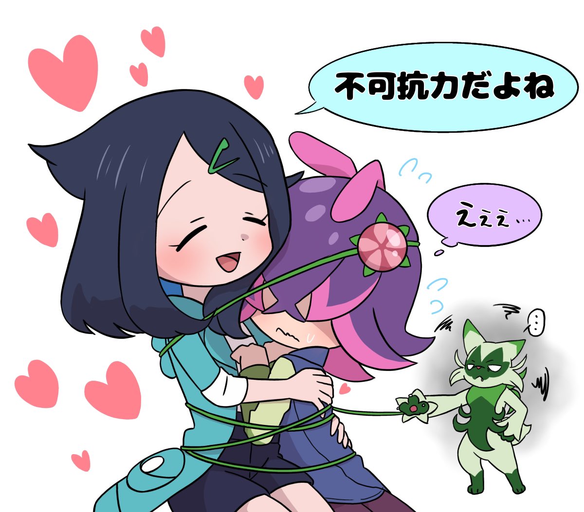 1girl, 2girls, amedamaneko, black_hair, blush, claws, closed_mouth, dot_(pokemon)
