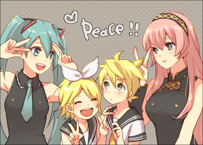 aqua_hair, blonde_hair, blue_eyes, hair_ribbon, hairband, harumi_chihiro, hatsune_miku, kagamine_len