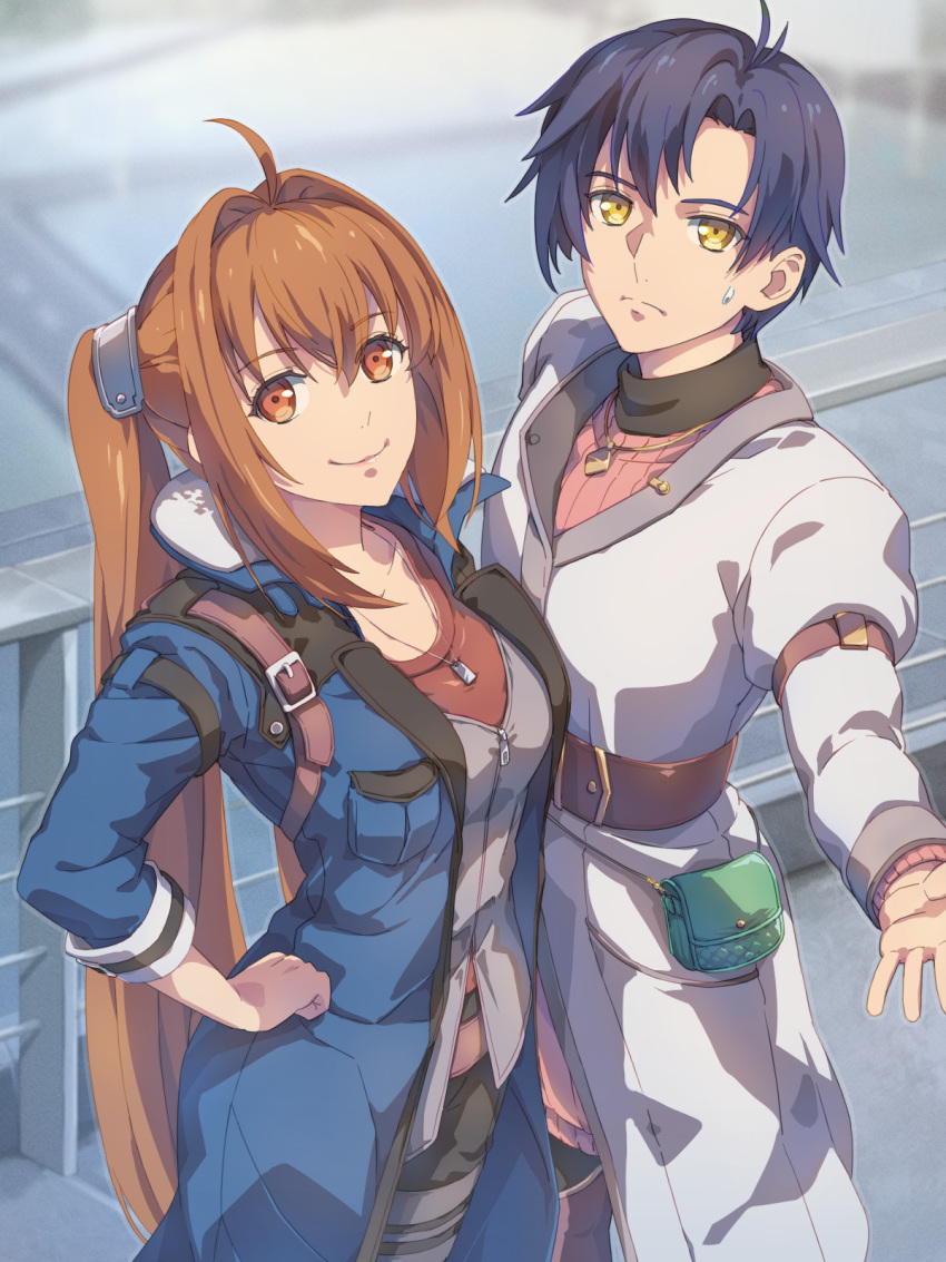 1boy, 1girl, agnes_claudel, ahoge, antenna_hair, bag, black_hair, brown_eyes, brown_hair, chiharu_(9654784), coat, cosplay, curtained_hair, dog_tags, double-parted_bangs, eiyuu_densetsu, estelle_bright, fur_collar, hair_between_eyes, handbag, hands_on_own_hips, highres, jewelry, joshua_bright, kuro_no_kiseki, long_hair, looking_at_viewer, outdoors, parted_bangs, pendant, ribbed_sweater, smile, sora_no_kiseki, sweater, twintails, van_arkride, yellow_eyes