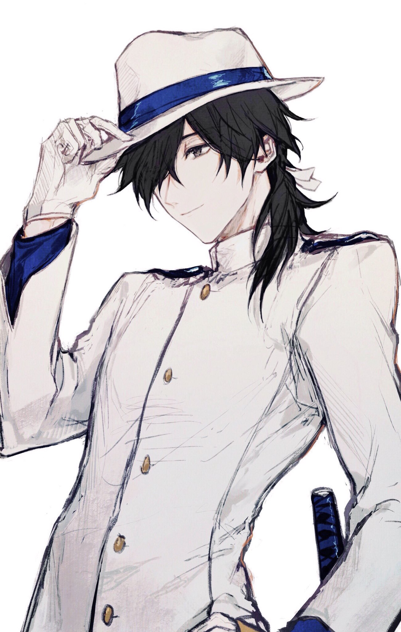 1boy, adjusting_clothes, adjusting_headwear, black_hair, closed_mouth, epaulettes, fate_(series), gloves
