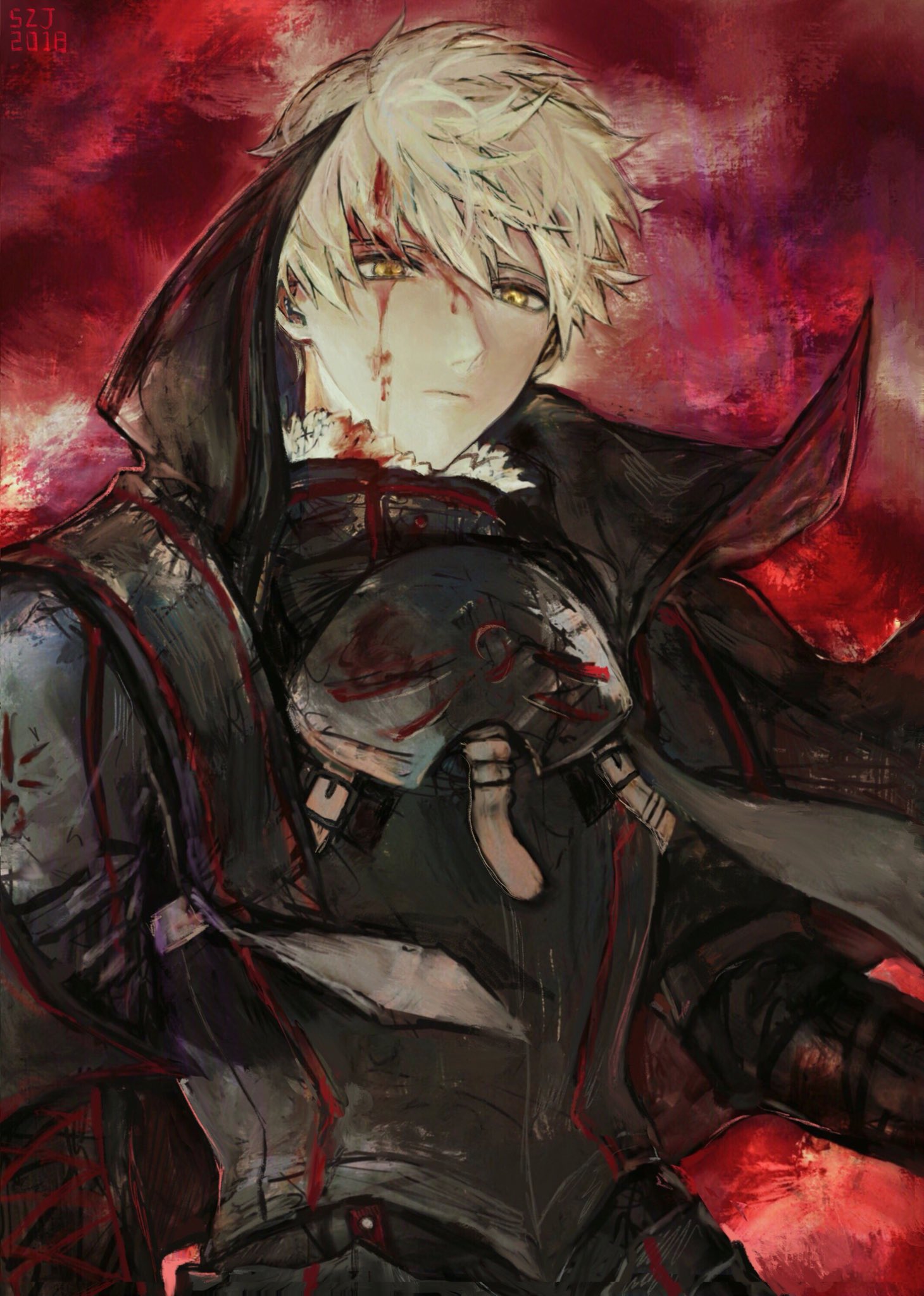 1boy, armor, arthur_pendragon_(fate), arthur_pendragon_alter_(fate), artist_name, black_armor, black_cape, blonde_hair