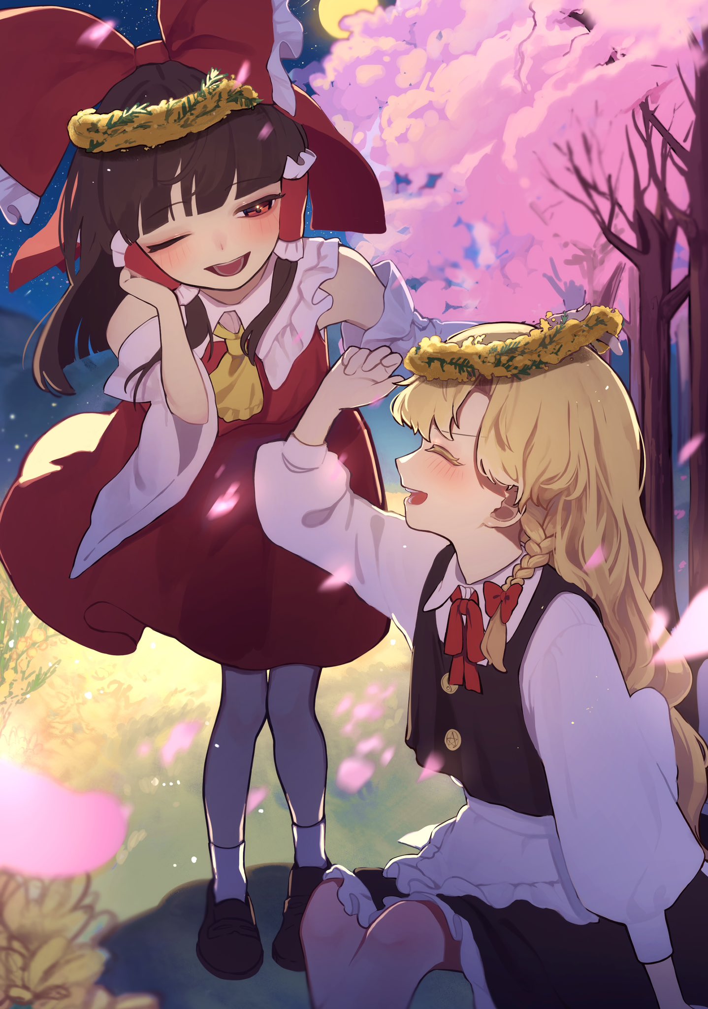 2girls, apron, ascot, black_vest, blonde_hair, blush, bow, braid