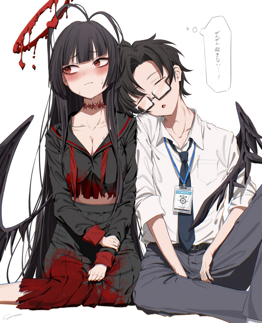 1boy, 1girl, absurdres, antenna_hair, black_hair, black_wings, blood, blood_halo
