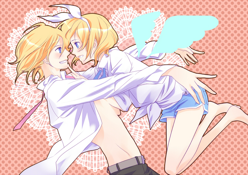 blue_eyes, brother_and_sister, hair_ribbon, kagamine_len, kagamine_rin, kumako, kumano_yuzuko, open_clothes