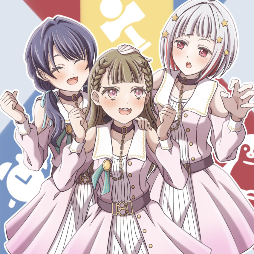 3girls, :d, :o, ^_^, belt, blue_background, blue_hair, blue_ribbon