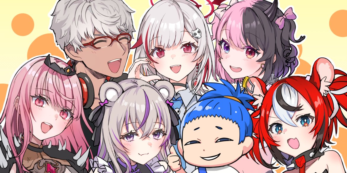 2boys, 5girls, amaki_pururu, animal_ear_fluff, animal_ears, arurandeisu, black_hair, blue_eyes