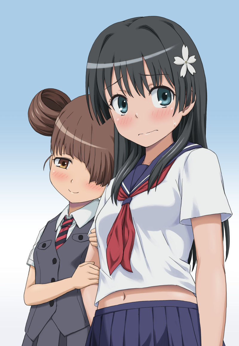 2girls, averting_eyes, black_hair, black_necktie, blue_background, blue_eyes, blue_sailor_collar, blue_skirt