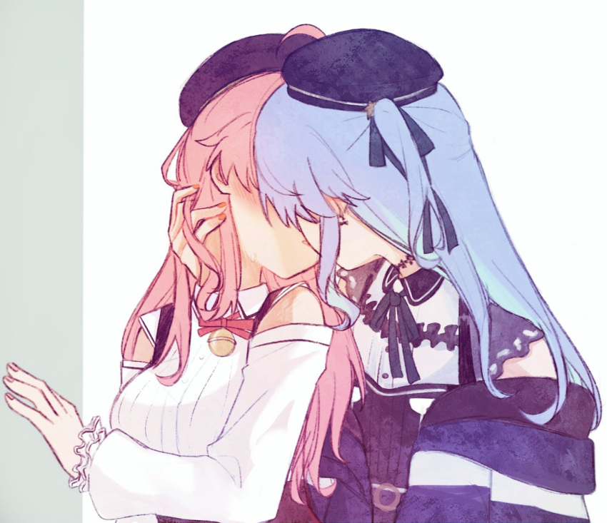 2girls, bell, beret, black_beret, black_choker, black_dress, blue_hair, blue_jacket, blush, bow, bowtie, breasts, choker, clothing_cutout, collared_dress, colored_inner_hair, dress, face-to-face, frilled_sleeves, frills, green_ribbon, grey_background, hair_ribbon, hat, highres, hololive, hoshimachi_suisei, hoshimachi_suisei_(streetwear), jacket, jingle_bell, kiss, lace, lace_choker, lace_sleeves, long_hair, long_sleeves, medium_breasts, multicolored_hair, multiple_girls, nail_polish, neck_bell, neck_ribbon, off_shoulder, official_alternate_costume, official_alternate_hairstyle, one_side_up, orange_nails, pink_nails, quilted_headwear, red_bow, red_bowtie, ribbon, sakura_miko, sakura_miko_(casual), shirt, short_sleeves, shoulder_cutout, sidelocks, simple_background, two-tone_background, upper_body, virtual_youtuber, white_background, white_shirt, yumi5469, yuri