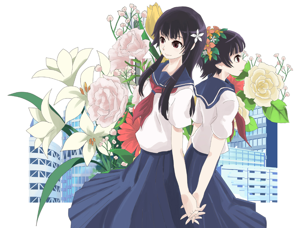 black_hair, brown_eyes, flower, hair_flower, hair_ornament, head_wreath, interlocked_fingers, long_hair