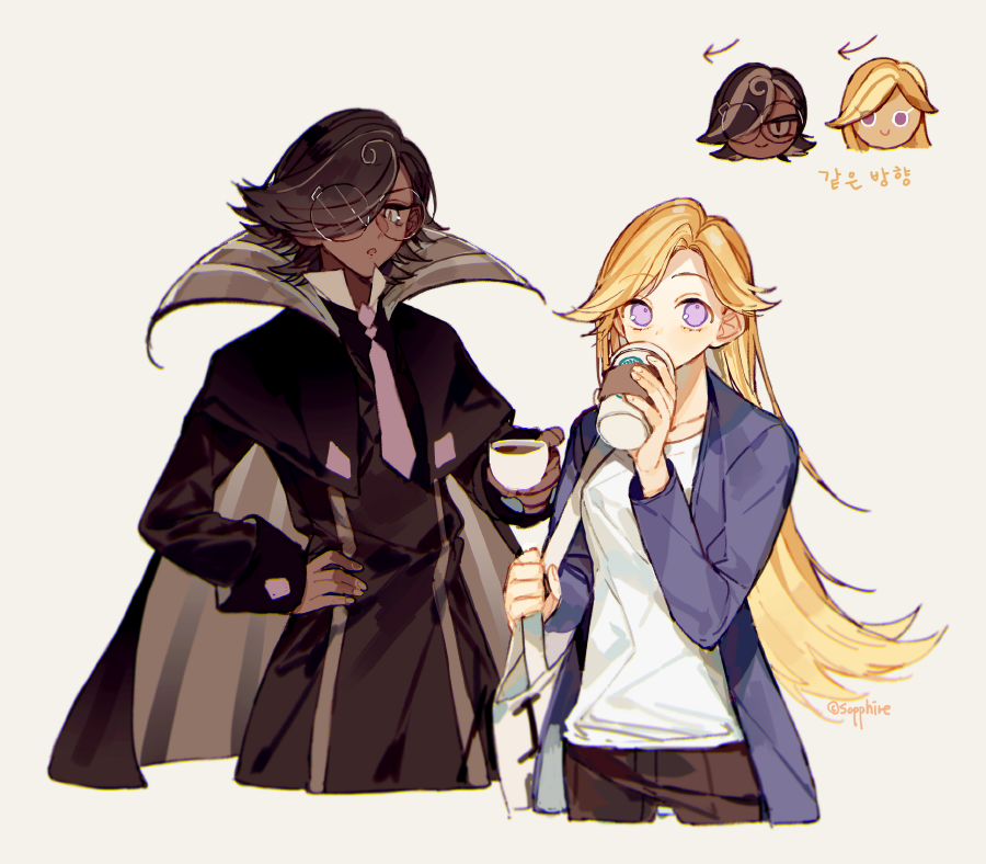 1boy, 1girl, brown_cape, brown_capelet, brown_eyes, brown_hair, cape, capelet, coffee_cookie, coffee_cup, cookie_run, cowboy_shot, cup, dark-skinned_male, dark_skin, disposable_cup, drinking, espresso_cookie, flipped_hair, hair_over_one_eye, hand_up, humanization, jacket, long_hair, looking_at_viewer, purple_jacket, sapphire_(nine), simple_background, very_long_hair, violet_eyes, white_background