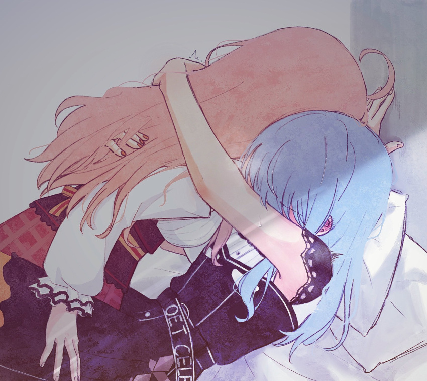 ahoge, black_dress, blue_hair, blush, cowboy_shot, dress, ear_blush, highres