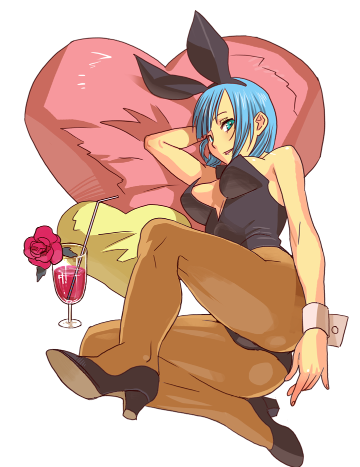 aqua_eyes, blue_eyes, blue_hair, blush, breasts, bulma, bunny_ears, bunny_girl
