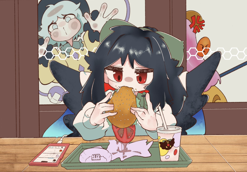 3girls, against_glass, anger_vein, angry_face_emoji, black_hair, black_hat, black_wings, bow