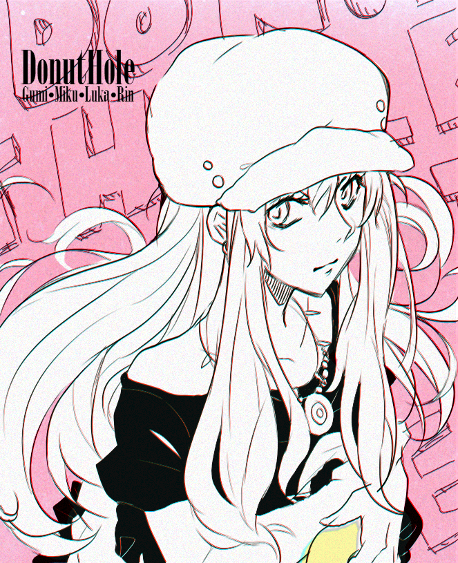 1girl, alternate_costume, bad_id, bad_tumblr_id, bonyonyo, cabbie_hat, commentary, donut_hole_(vocaloid), doodles, doughnut, english_commentary, food, hair_between_eyes, hat, jewelry, long_hair, looking_at_viewer, megurine_luka, necklace, song_name, tagme, upper_body, vocaloid