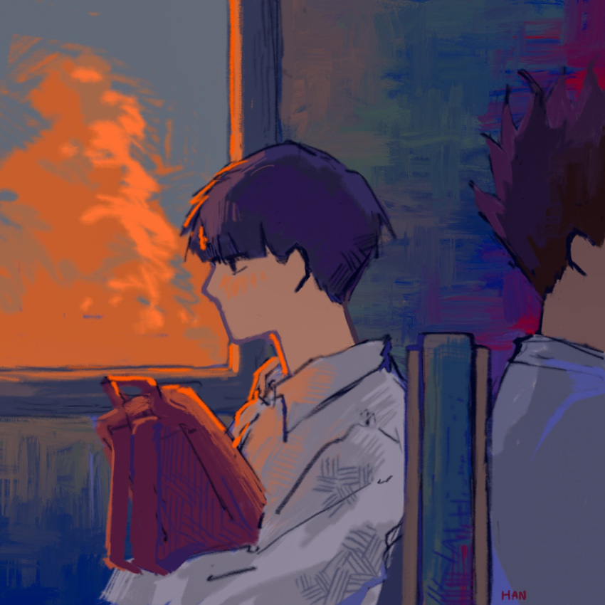 2boys, bag, black_hair, clouds, collared_shirt, golden_hour, hannnn, highres