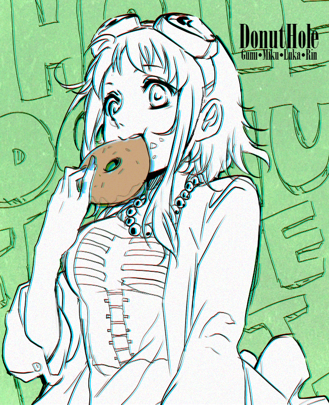 1girl, bad_id, bad_tumblr_id, bead_necklace, beads, bonyonyo, character_name, commentary, donut_hole_(vocaloid), doodles, doughnut, eating, english_commentary, food, goggles, goggles_on_head, green_background, gumi, holding, holding_doughnut, holding_food, jewelry, necklace, skeleton_print, solo, song_name, upper_body, vocaloid
