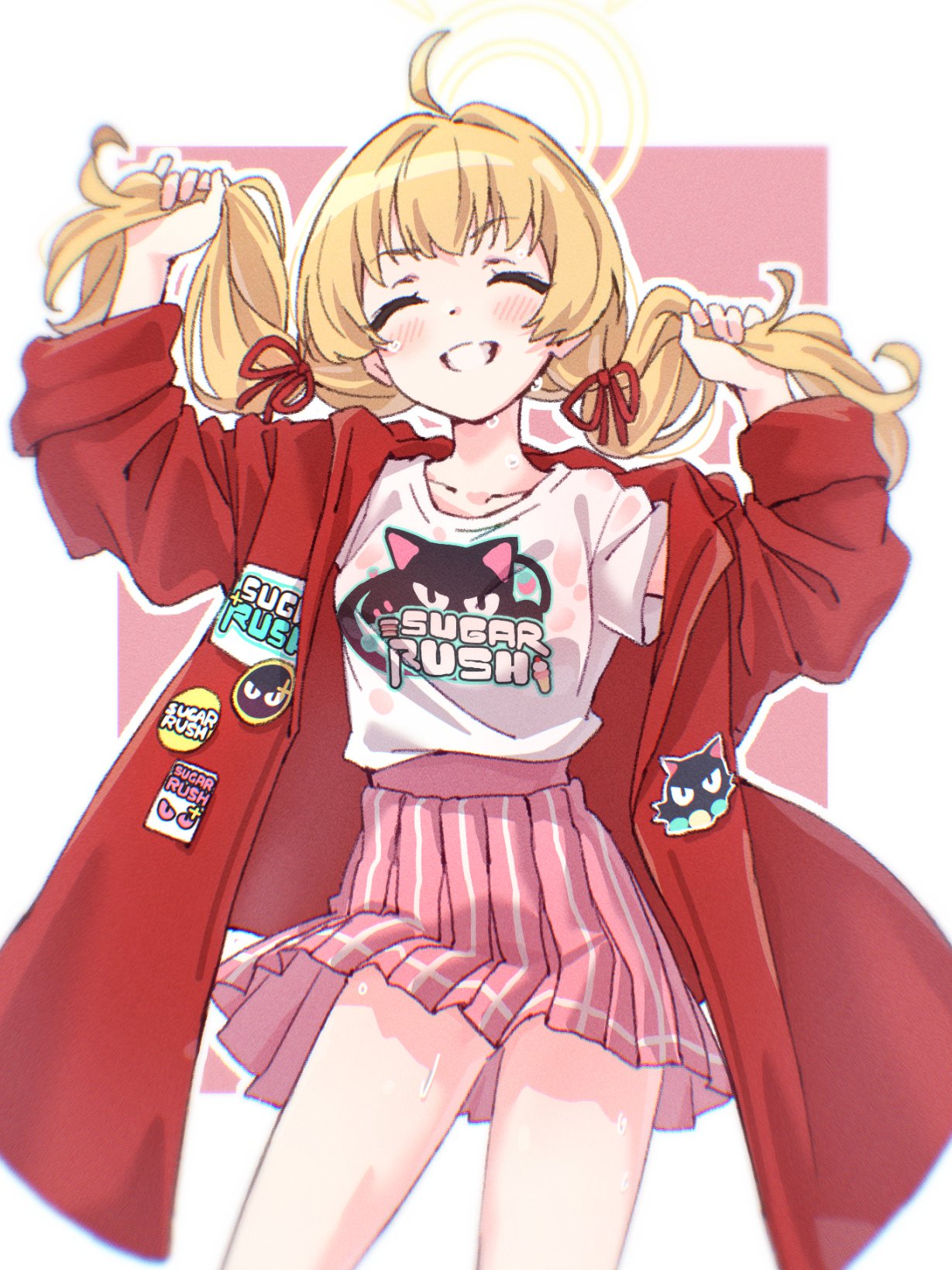 1girl, ahoge, arms_up, blonde_hair, blue_archive, blush, closed_eyes, hair_ribbon