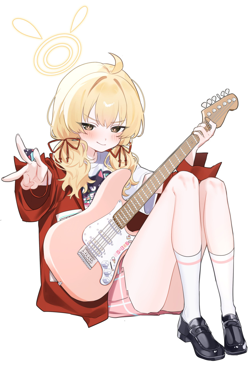 1girl, absurdres, ahoge, bandaid, bandaid_on_hand, black_footwear, blue_archive, blush, bracelet, electric_guitar, full_body, guitar, hair_ribbon, halo, highres, holding, holding_guitar, holding_instrument, holding_plectrum, instrument, jacket, jewelry, kameria526, kneehighs, knees_up, loafers, long_sleeves, looking_at_viewer, low_twintails, open_clothes, open_jacket, pink_skirt, pleated_skirt, plectrum, print_shirt, red_jacket, red_ribbon, ribbon, shirt, shoes, short_sleeves, simple_background, sitting, skirt, smile, smug, socks, solo, twintails, white_background, white_shirt, white_socks, yellow_halo, yoshimi_(band)_(blue_archive), yoshimi_(blue_archive)