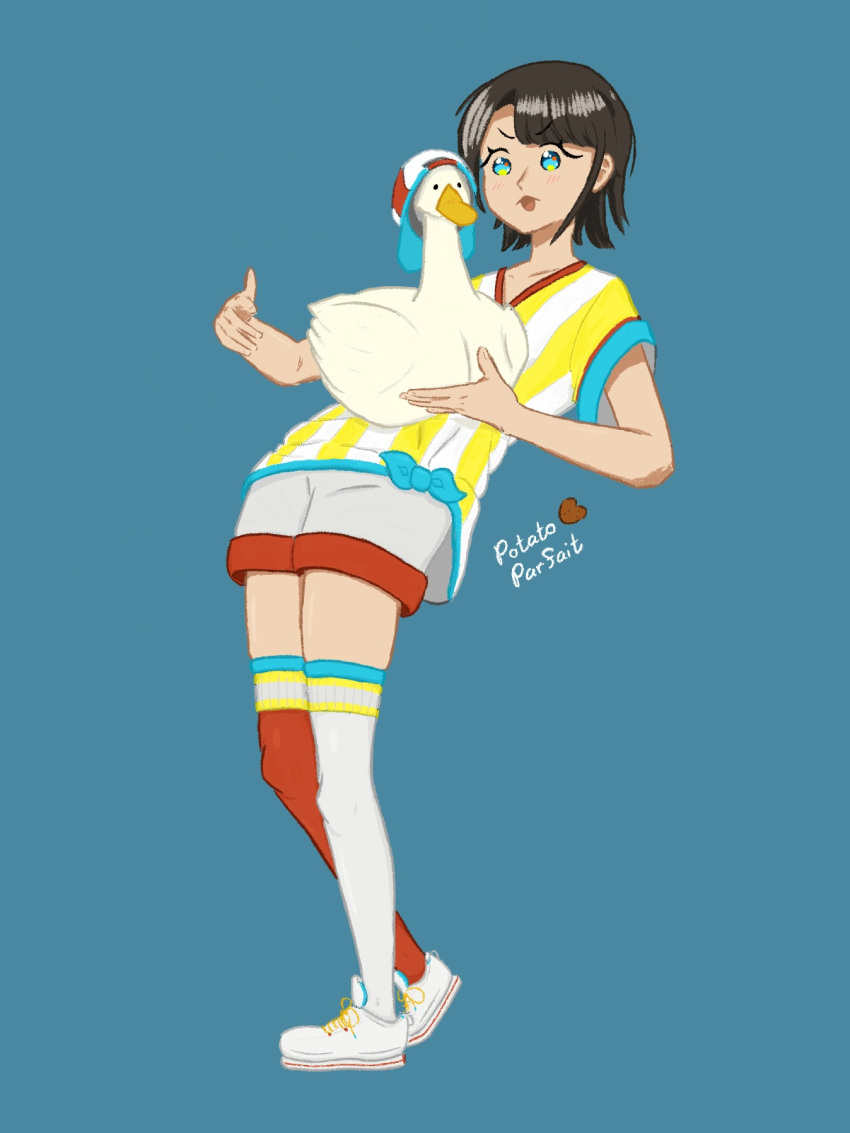 1girl, artist_name, bird, black_hair, blue_eyes, duck, highres, hololive, oozora_subaru, open_mouth, potatoparfait, shirt, short_hair, shorts, simple_background, solo, standing, subaru_duck, swept_bangs, thigh-highs, virtual_youtuber