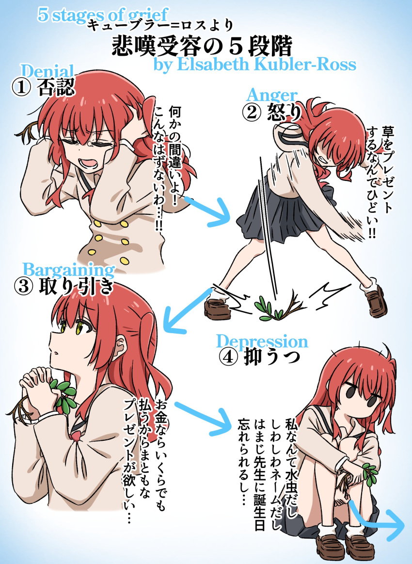 1girl, absurdres, bocchi_the_rock!, bow, bowtie, brown_footwear, cardigan, closed_eyes, commentary, cropped_torso, english_text, five_stages_of_grief, full_body, green_eyes, grey_skirt, hair_between_eyes, highres, kita_ikuyo, loafers, long_hair, long_sleeves, miniskirt, mixed-language_text, multiple_views, oekaki_bibbi, one_side_up, open_mouth, red_bow, red_bowtie, redhead, sailor_collar, school_uniform, shoes, shuka_high_school_uniform, skirt, socks, translated, upper_body, white_socks