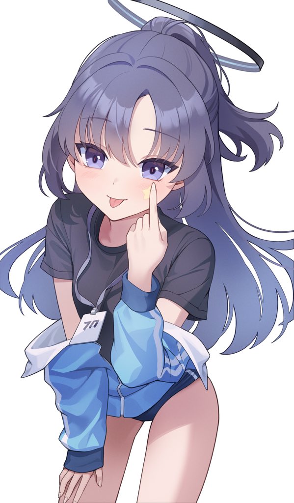 1girl, :p, black_shirt, blue_archive, blue_jacket, blush, closed_mouth, commentary