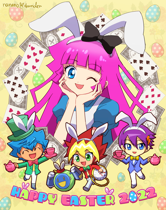 1girl, 2022, 3boys, alice_(alice_in_wonderland), alice_(alice_in_wonderland)_(cosplay), blue_eyes, blue_hair, card
