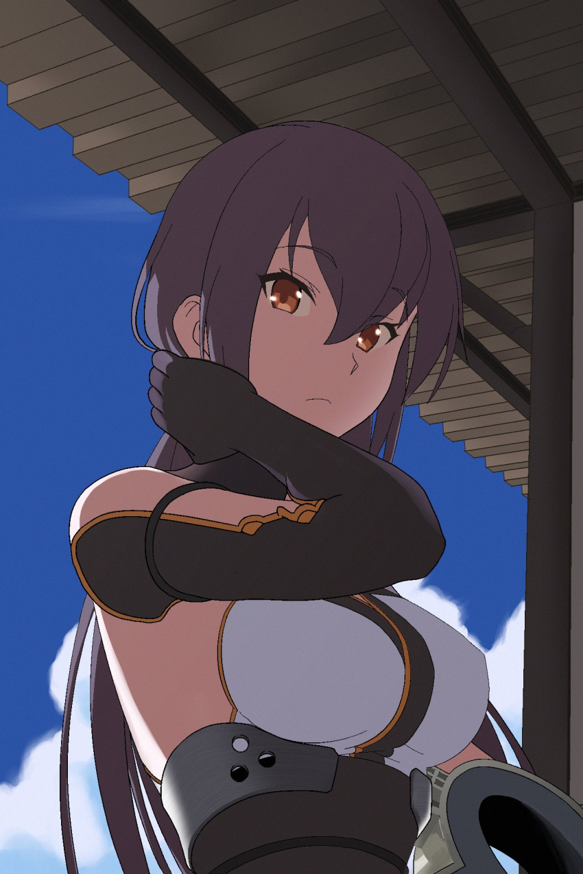 1girl, black_gloves, black_hair, blue_sky, breasts, brown_eyes, clouds, elbow_gloves