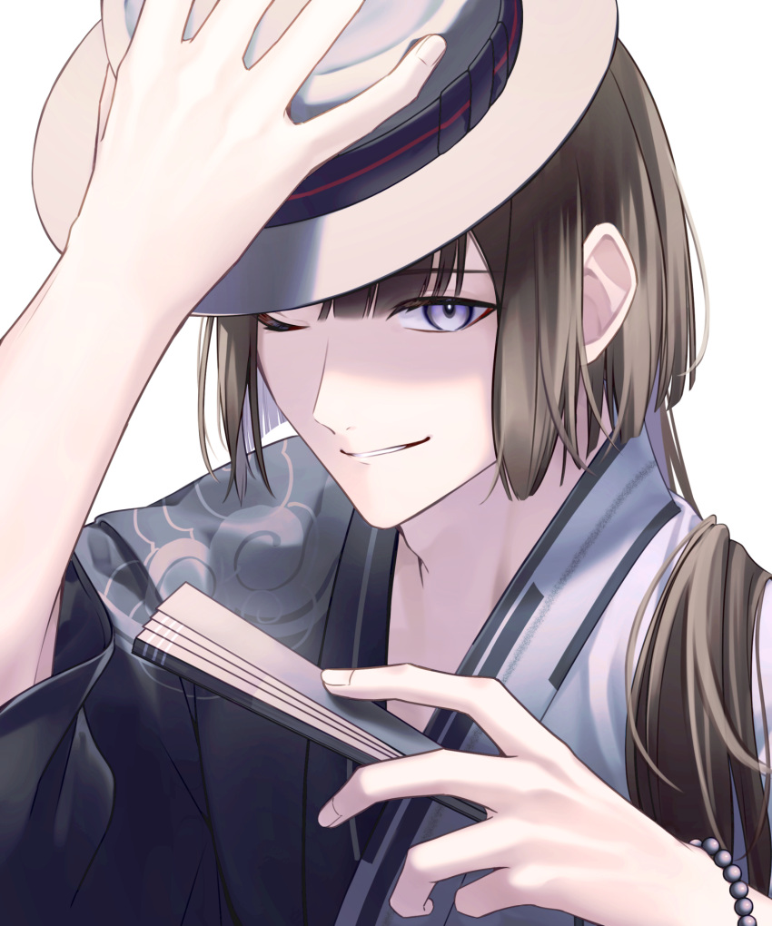 1boy, alternate_costume, black_hair, curtained_hair, fate/grand_order, fate_(series), fedora, hand_fan, hat, highres, holding, japanese_clothes, kimono, long_hair, long_sleeves, looking_at_viewer, male_focus, one_eye_closed, paper_fan, sakuraike, simple_background, smile, solo, tai_gong_wang_(fate), violet_eyes, white_background