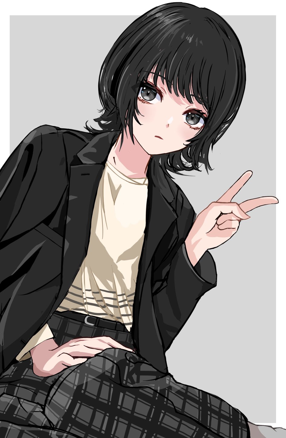 1girl, belt, black_belt, black_eyes, black_hair, black_jacket, border, grey_background