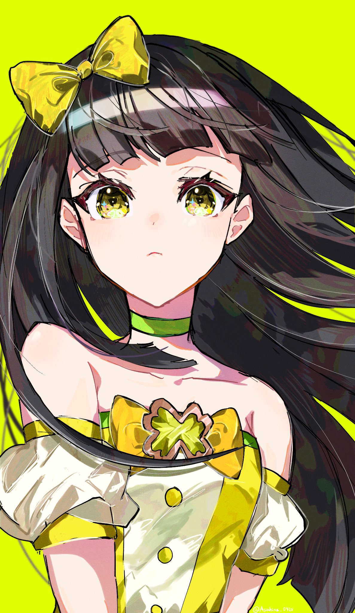 1girl, asahina_(asahina_0428), bare_shoulders, black_hair, blunt_bangs, bow, choker, closed_mouth, detached_sleeves, green_background, green_choker, hair_bow, highres, himitsu_no_aipri, idol_clothes, long_hair, looking_at_viewer, mika_pikazo_(style), mystery_girl_(pretty_series), pretty_series, puffy_detached_sleeves, puffy_sleeves, simple_background, solo, symbol-shaped_pupils, triangle-shaped_pupils, upper_body, yellow_background, yellow_bow, yellow_eyes