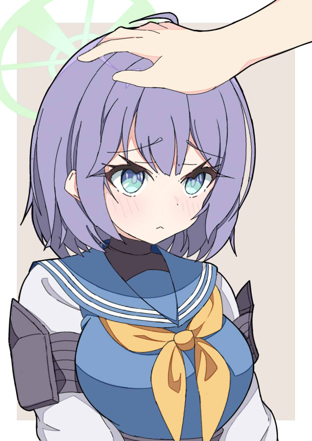1girl, :<, ahoge, armor, blue_archive, blue_eyes, blue_sailor_collar, blush