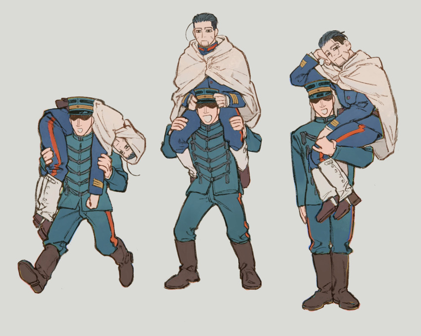 2boys, beard_stubble, black_eyes, cape, carrying, facial_hair, fireman's_carry, gkyoyo00