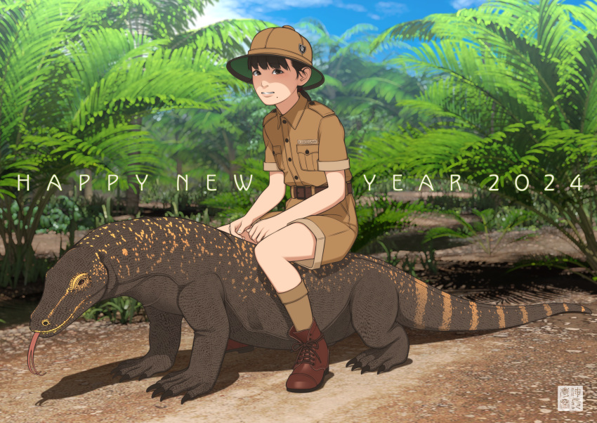 1girl, 2024, absurdres, brown_eyes, brown_footwear, brown_hair, brown_hat, brown_shorts